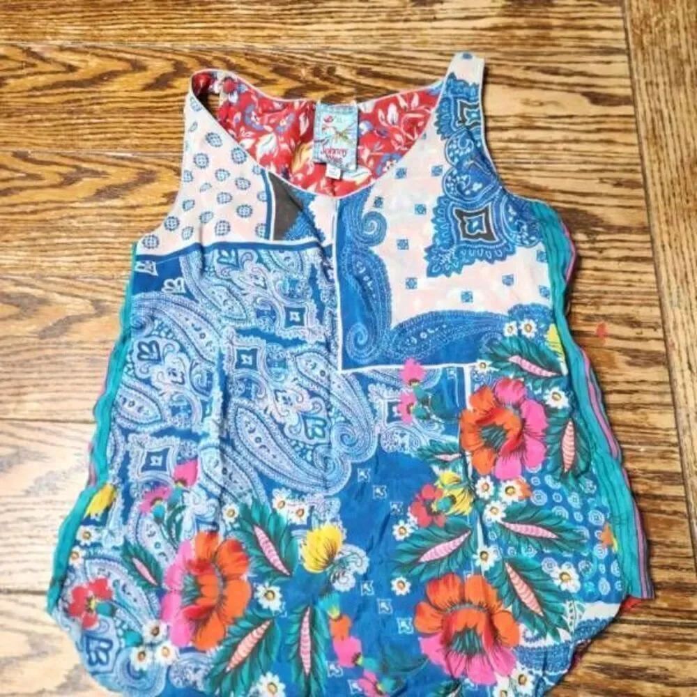 Johnny Was blue Patchwork cupra rayon tank top sz XS